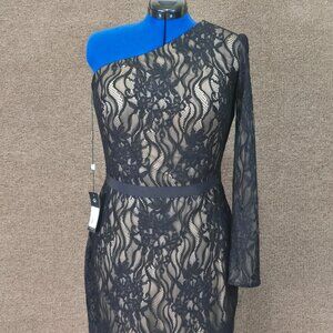Tadashi Shoji Barcelo One Shoulder Lace Tea Length Dress Black NWT 14
